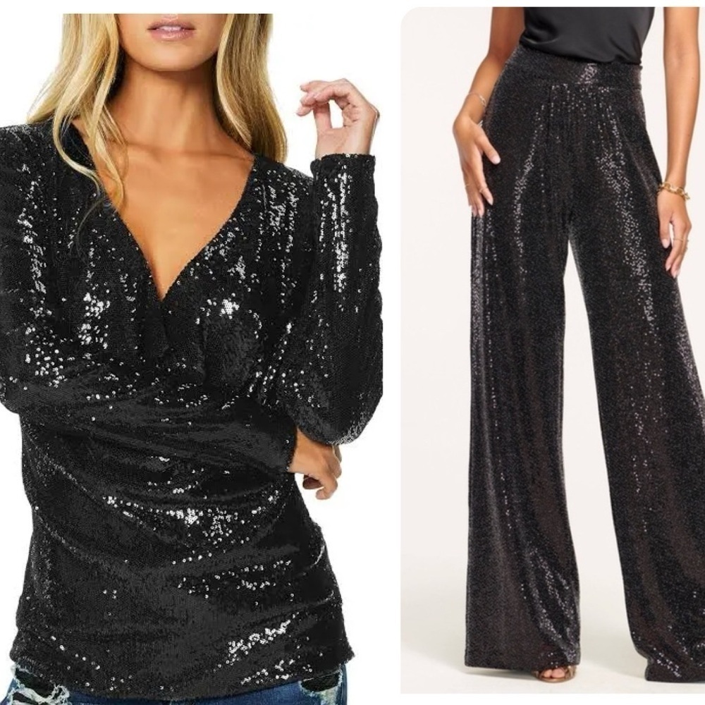 Ramy Brook Black Sequin Top and Pants Set SzM Sz8